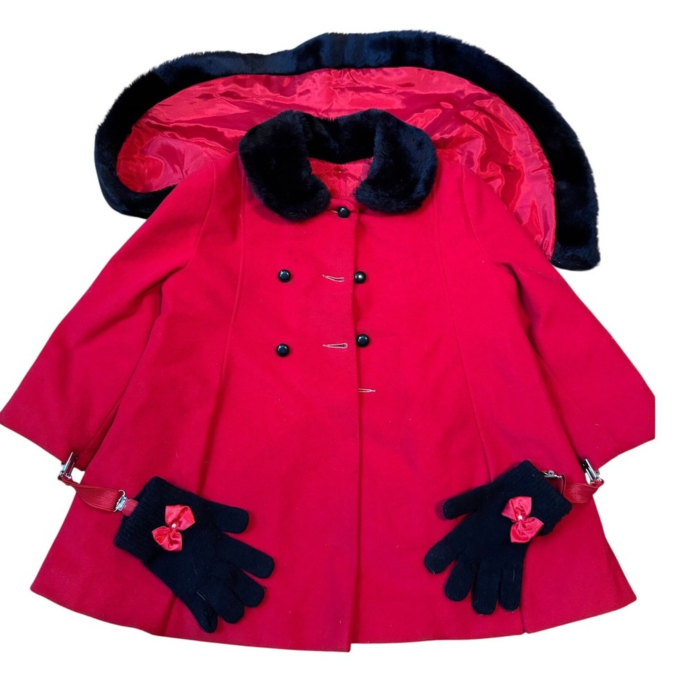 Vintage Girls 4T Red Wool Coat Madeline‎ Inspired Faux Fur Trim